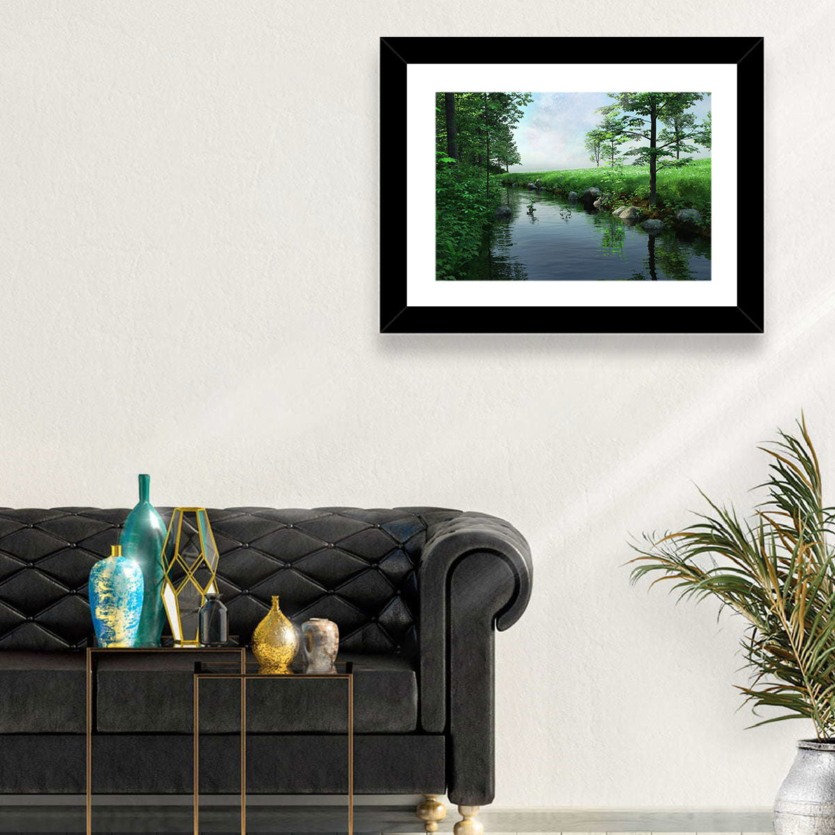 Tranquil Meadow Stream with Wildflowers Wall Art in a room, landscape