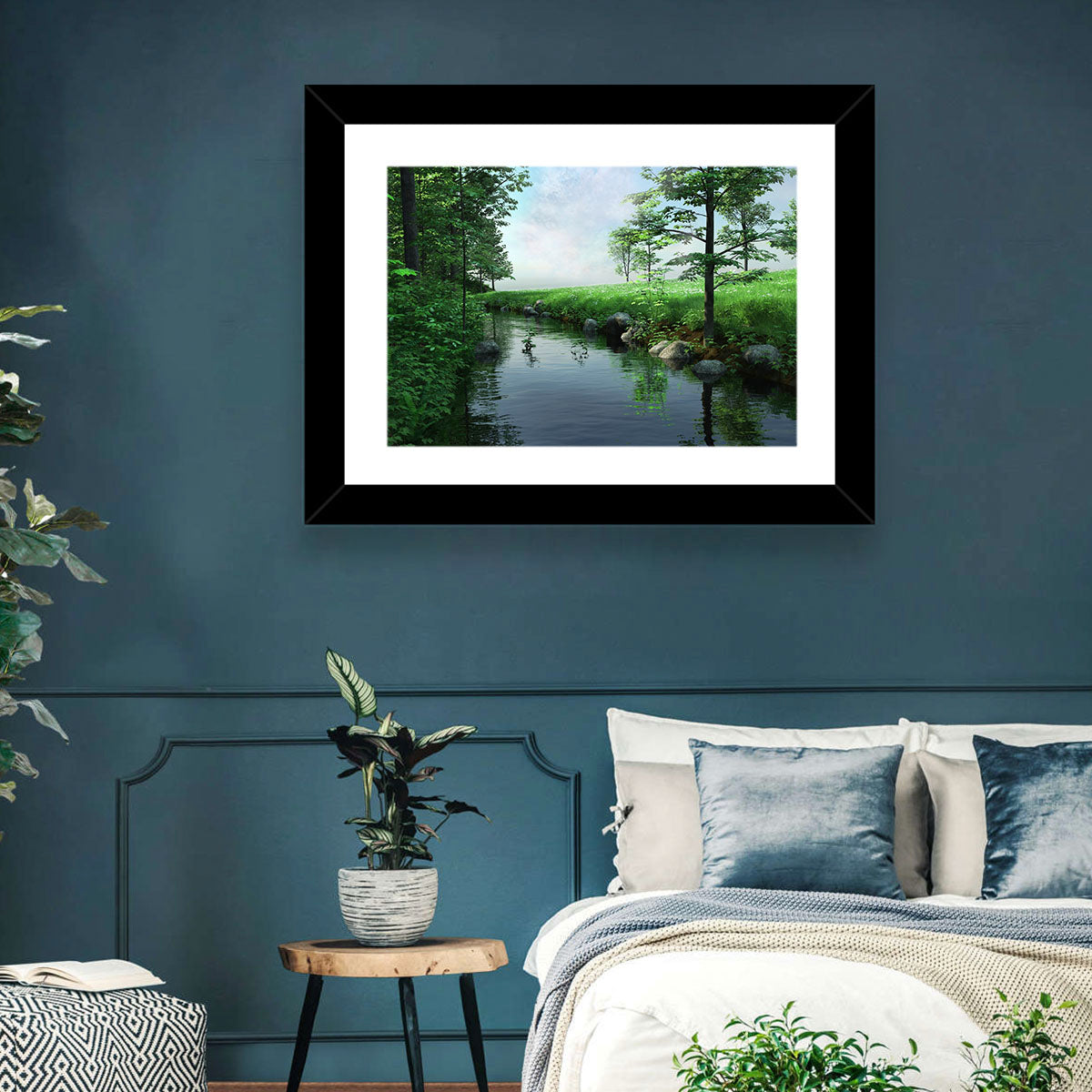 Tranquil Meadow Stream with Wildflowers Wall Art in a room, landscape