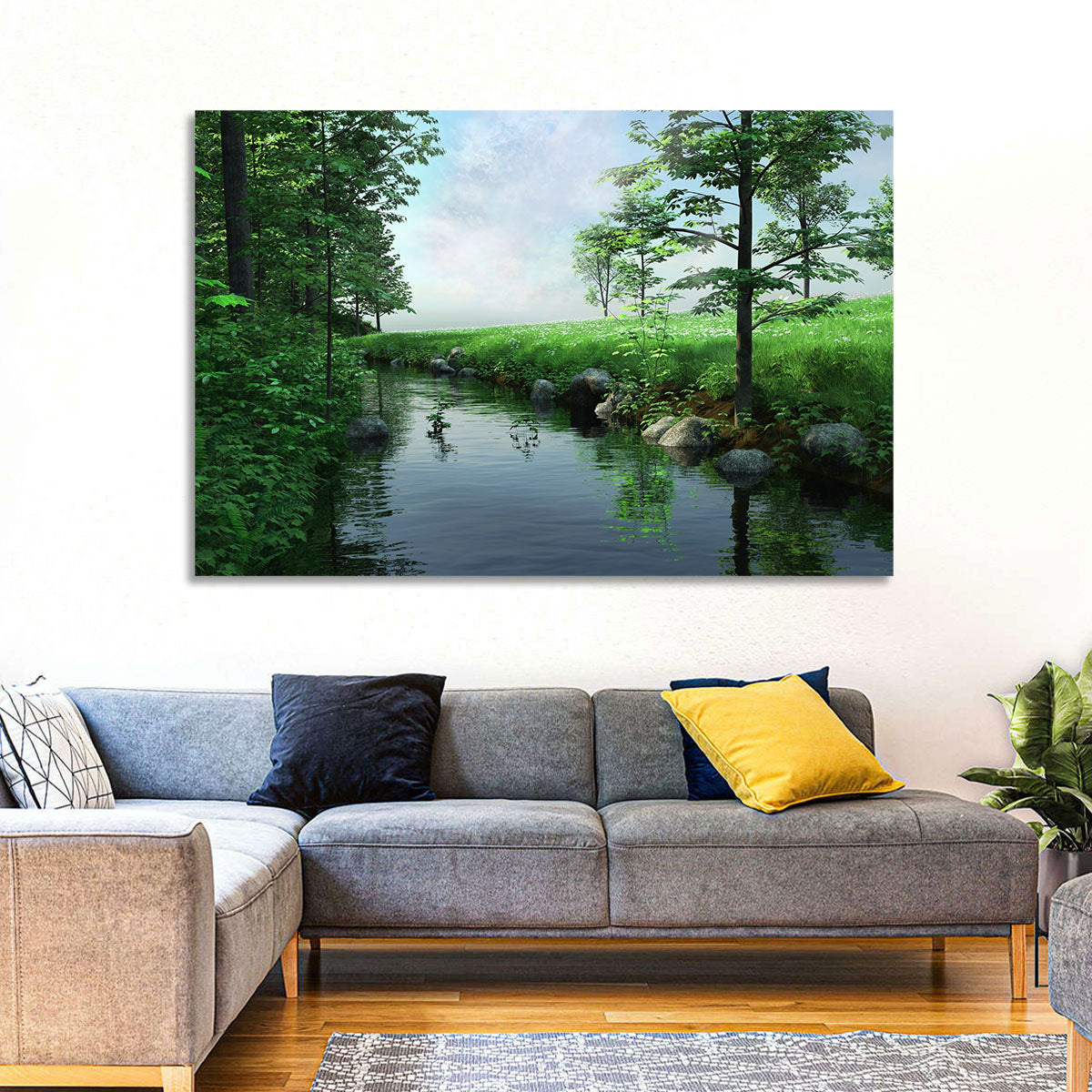 Tranquil Meadow Stream with Wildflowers Wall Art