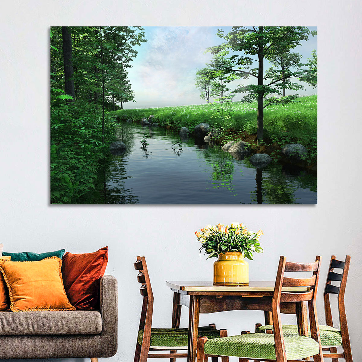 Tranquil Meadow Stream with Wildflowers Wall Art