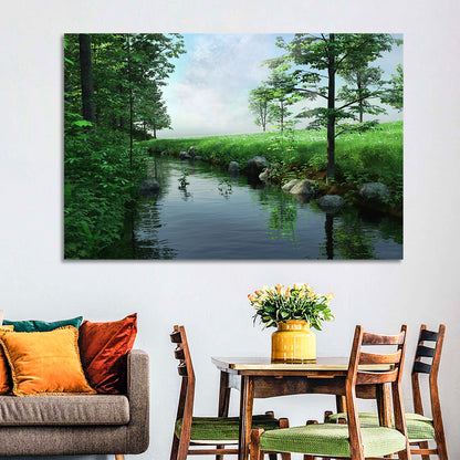 Tranquil Meadow Stream with Wildflowers Wall Art