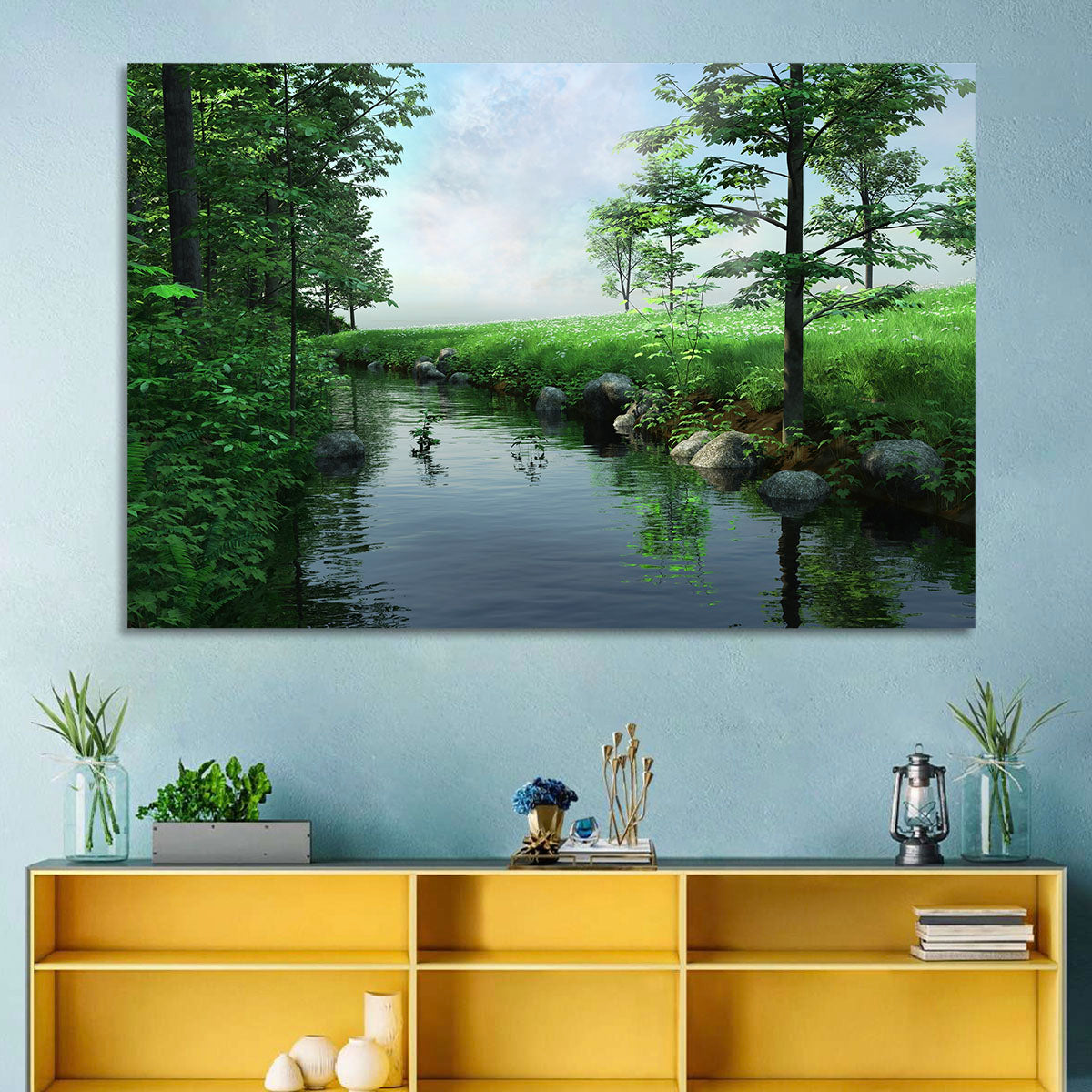 Tranquil Meadow Stream with Wildflowers Wall Art