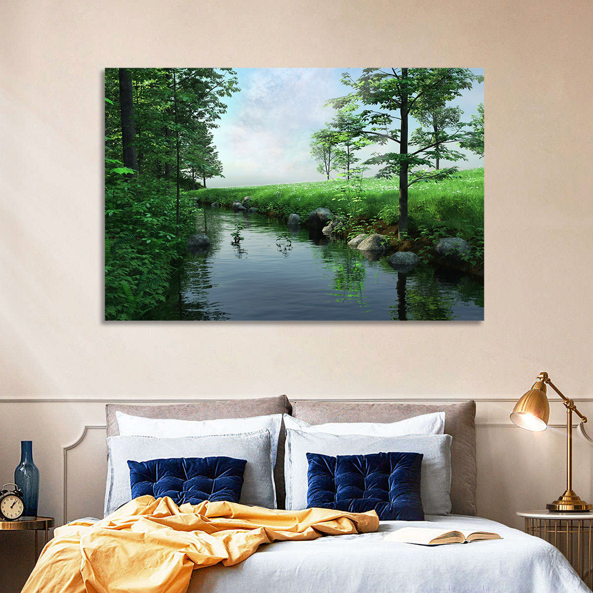 Tranquil Meadow Stream with Wildflowers Wall Art in a room, landscape