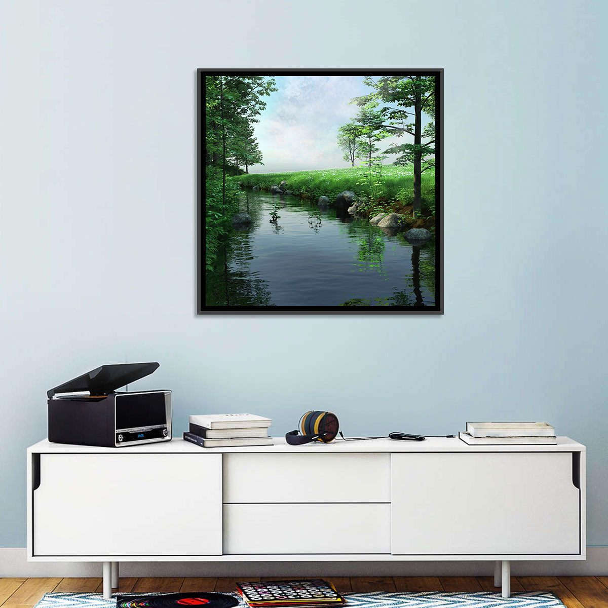 Tranquil Meadow Stream with Wildflowers Wall Art in a room, landscape