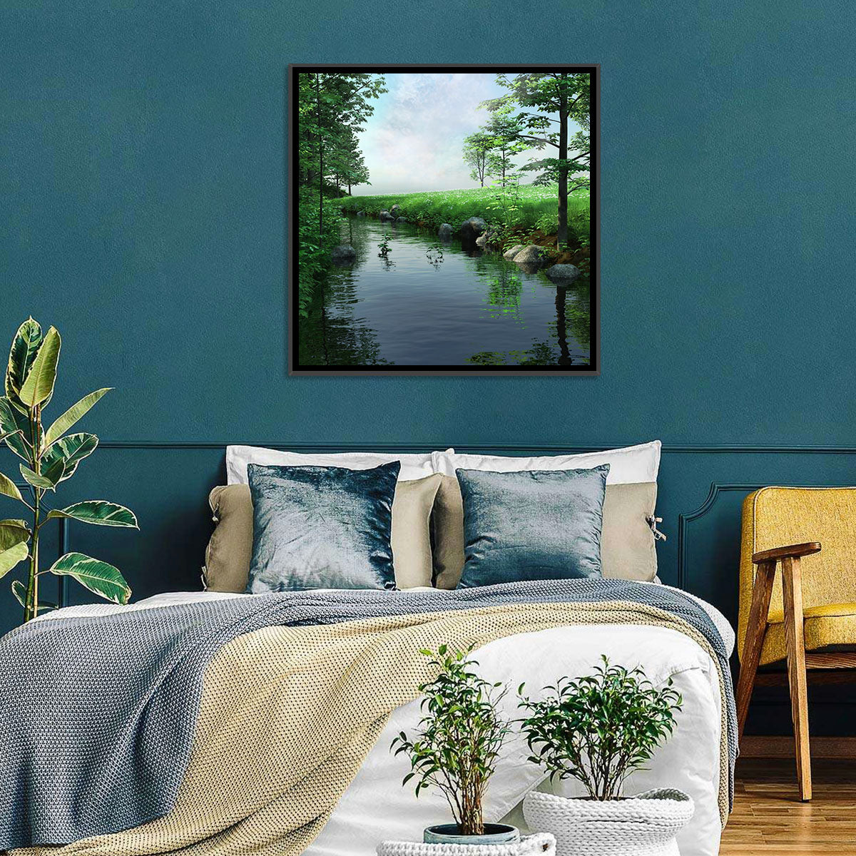 Tranquil Meadow Stream with Wildflowers Wall Art in a room, landscape