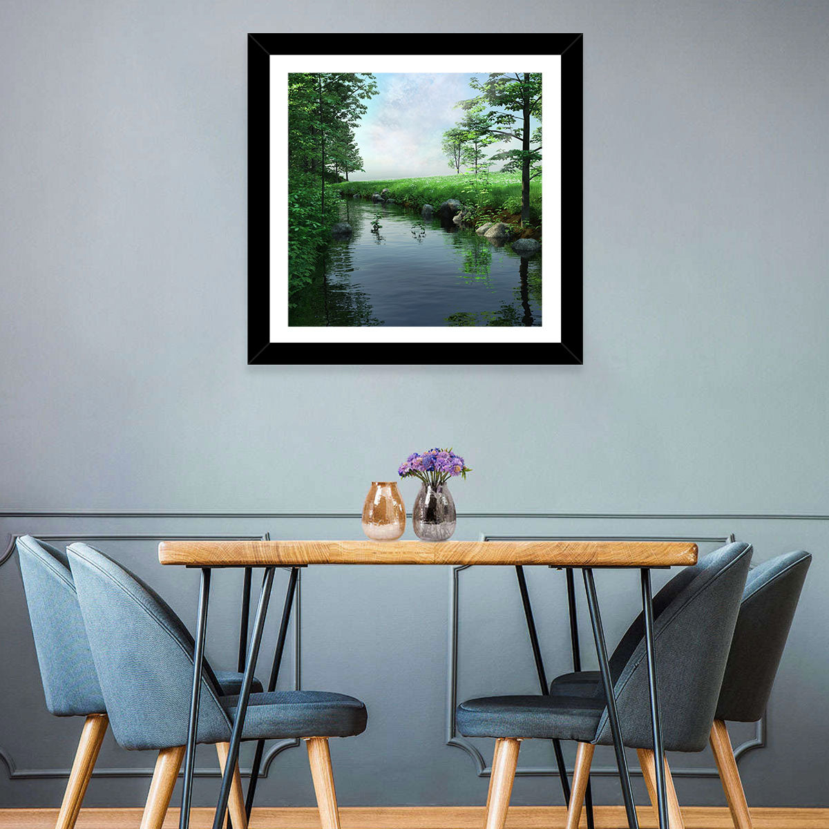 Tranquil Meadow Stream with Wildflowers Wall Art in a room, landscape