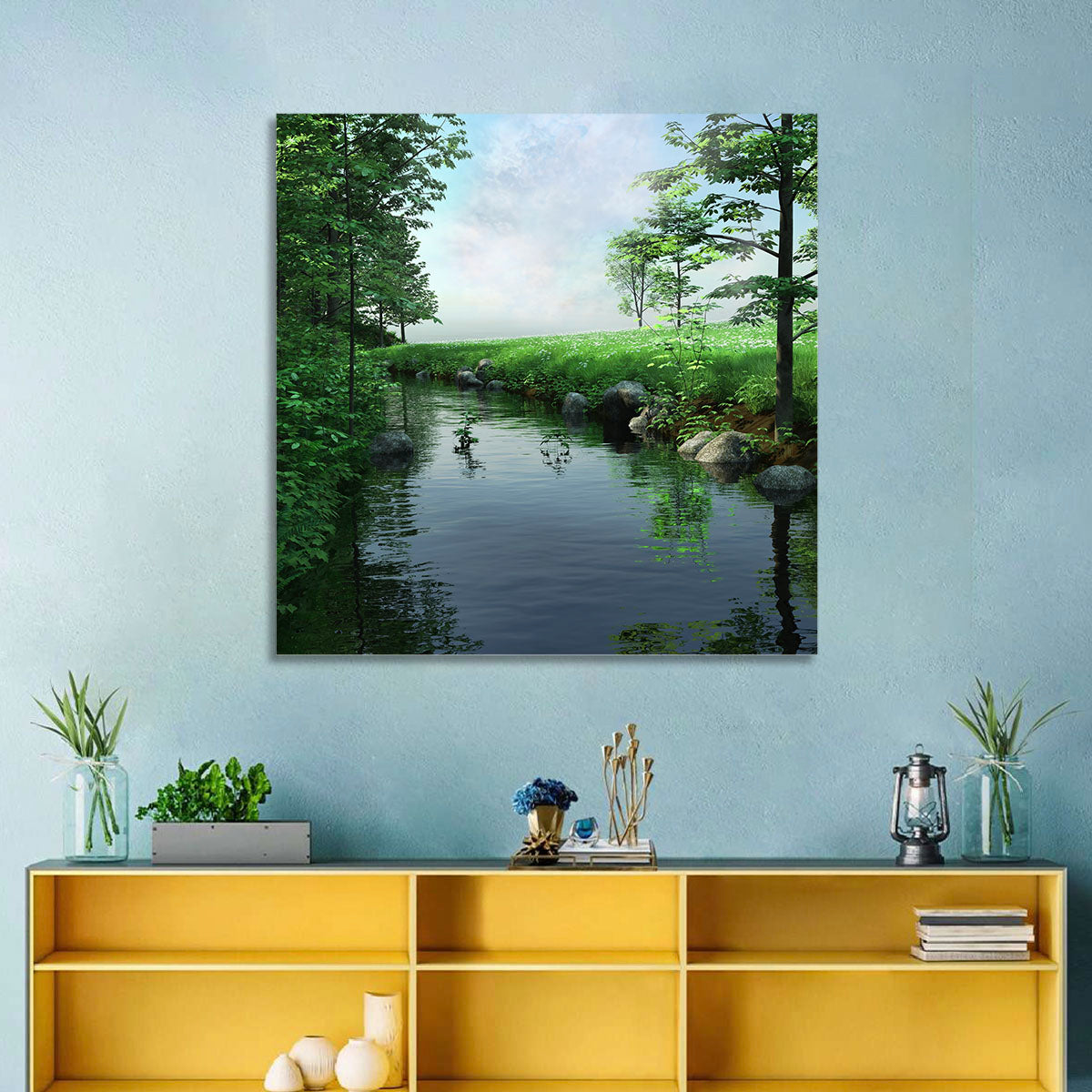 Tranquil Meadow Stream with Wildflowers Wall Art