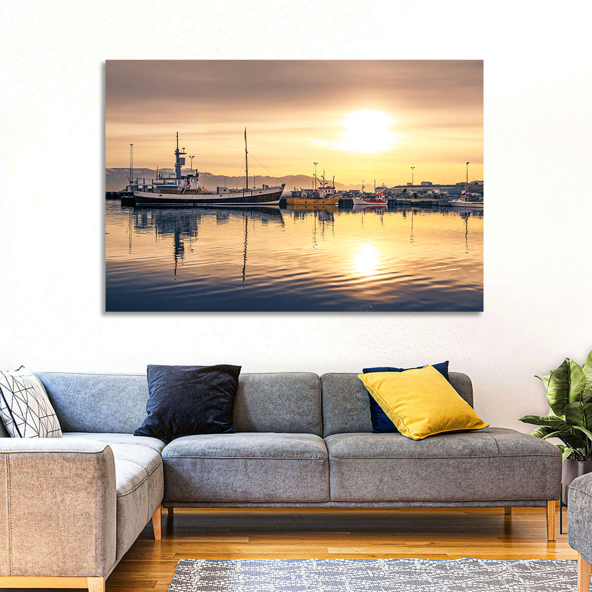 Husavik Harbor at Golden Hour Wall Art in a room, landscape