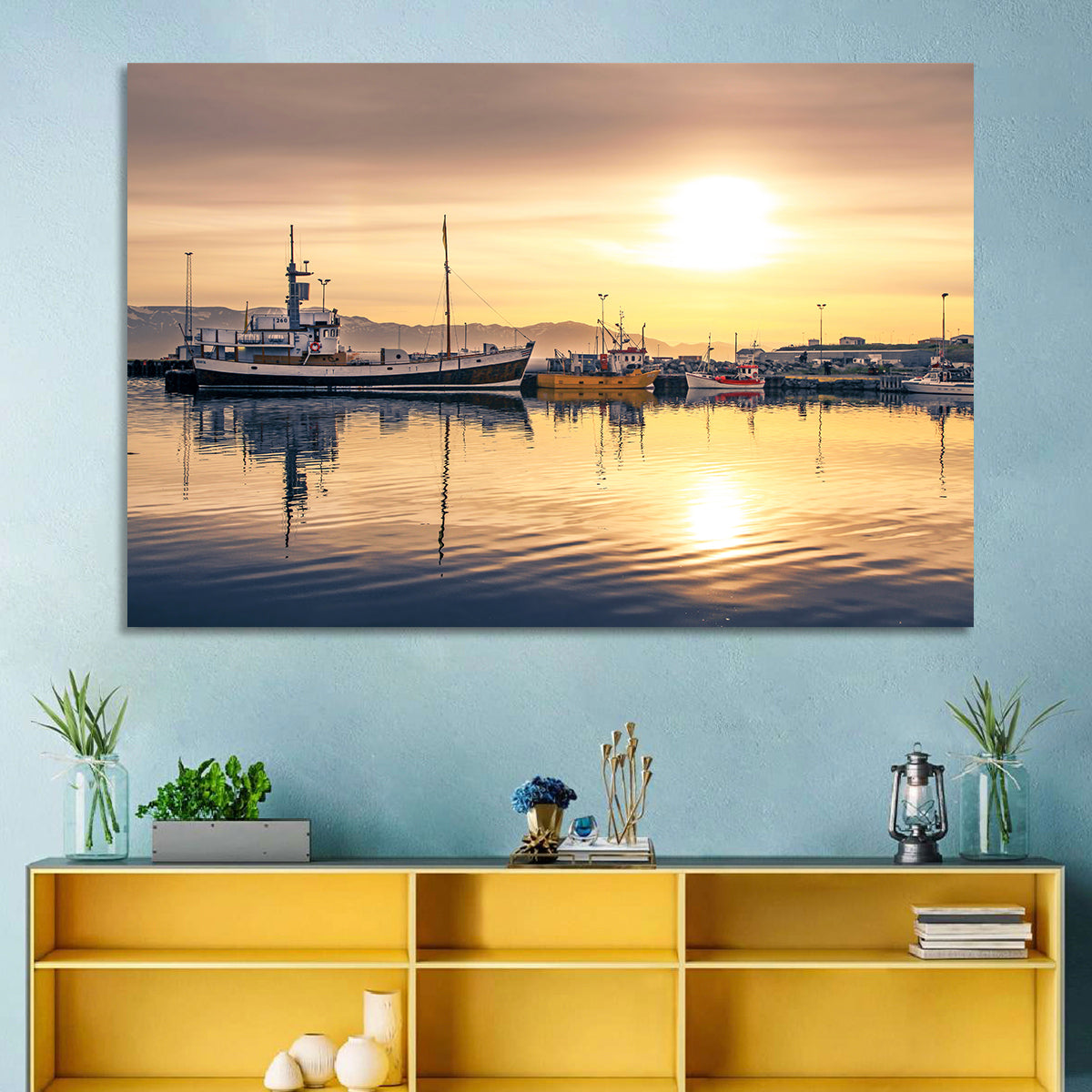 Husavik Harbor at Golden Hour Wall Art in a room, landscape