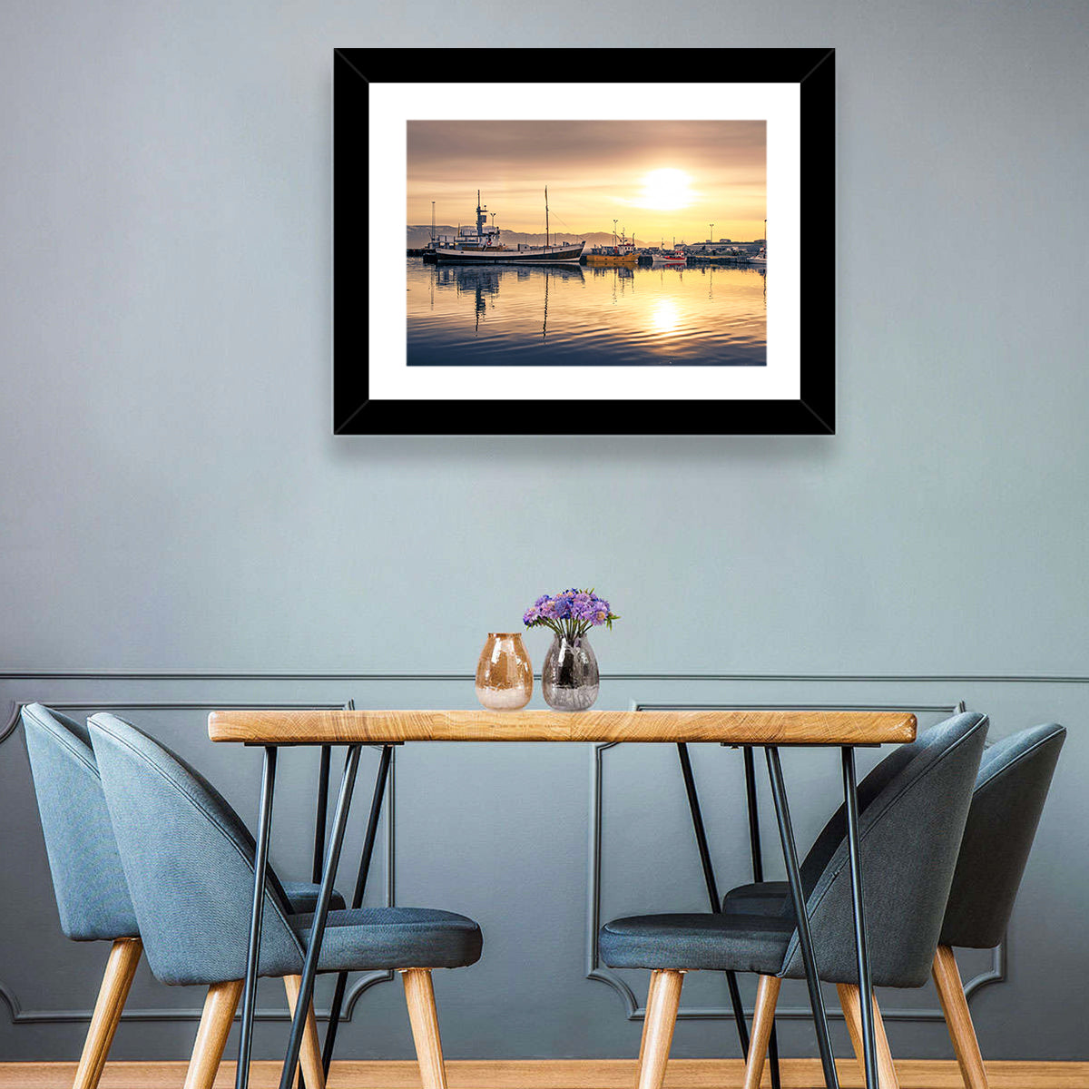 Husavik Harbor at Golden Hour Wall Art in a room, landscape