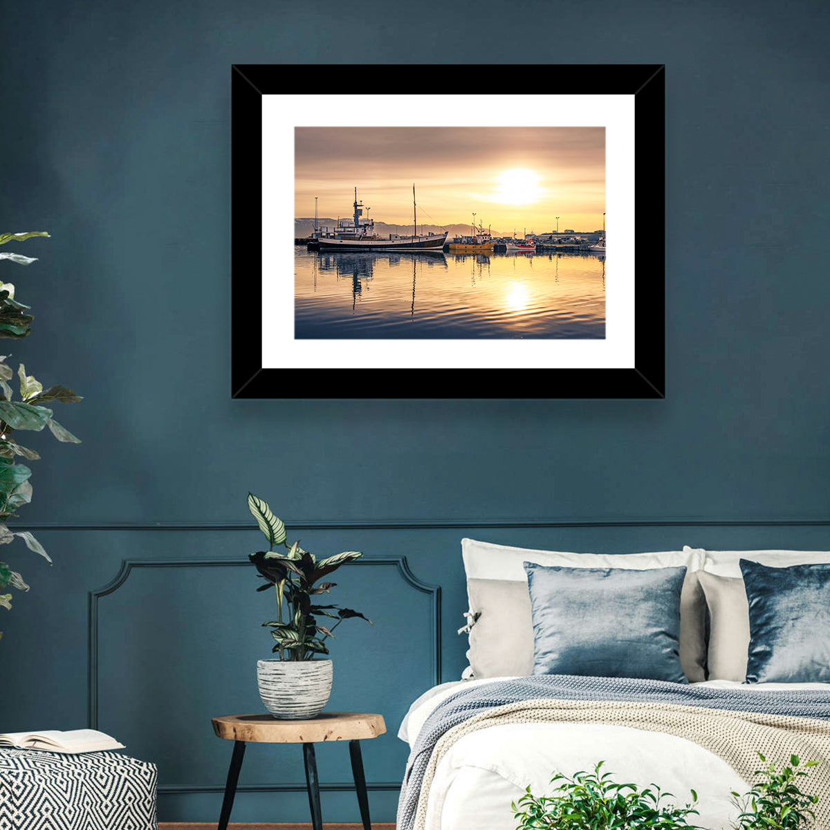 Husavik Harbor at Golden Hour Wall Art in a room, landscape