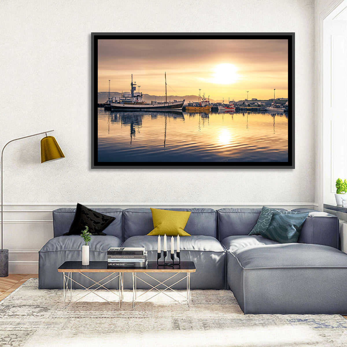 Husavik Harbor at Golden Hour Wall Art in a room, landscape