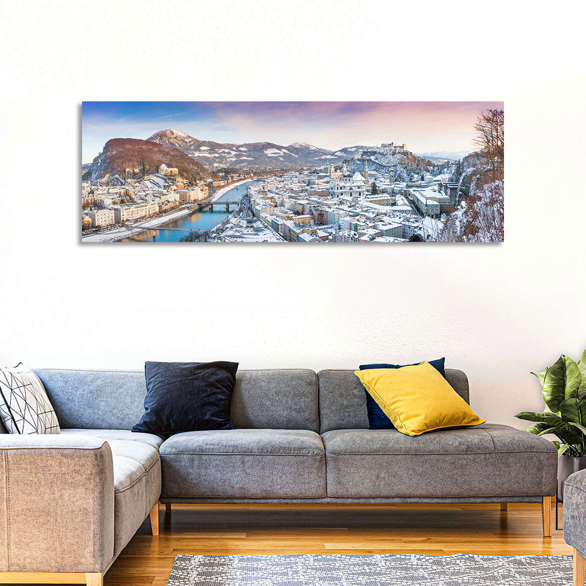 Salzburg Winter Skyline Wall Art in a room, panoramic