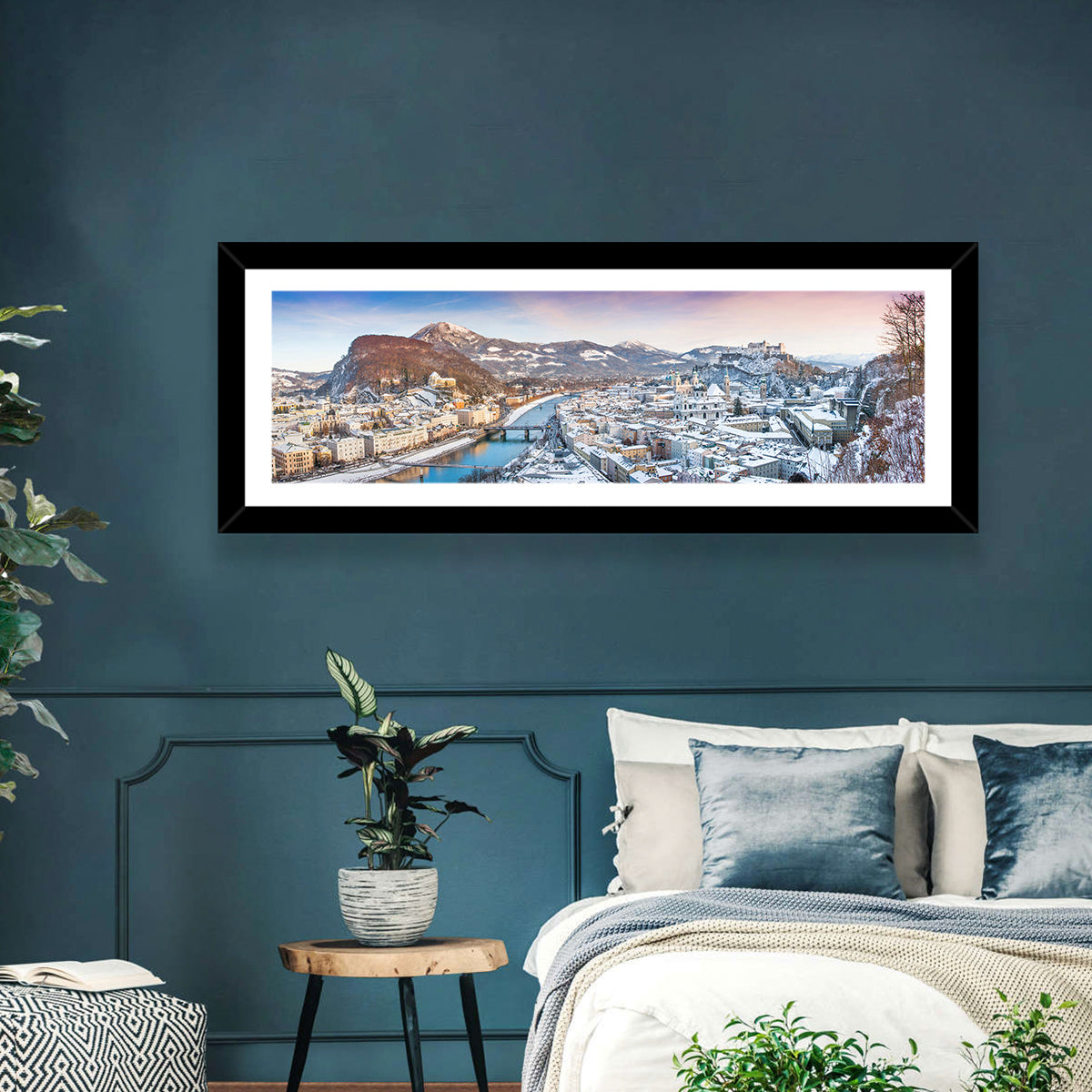 Salzburg Winter Skyline Wall Art in a room, panoramic