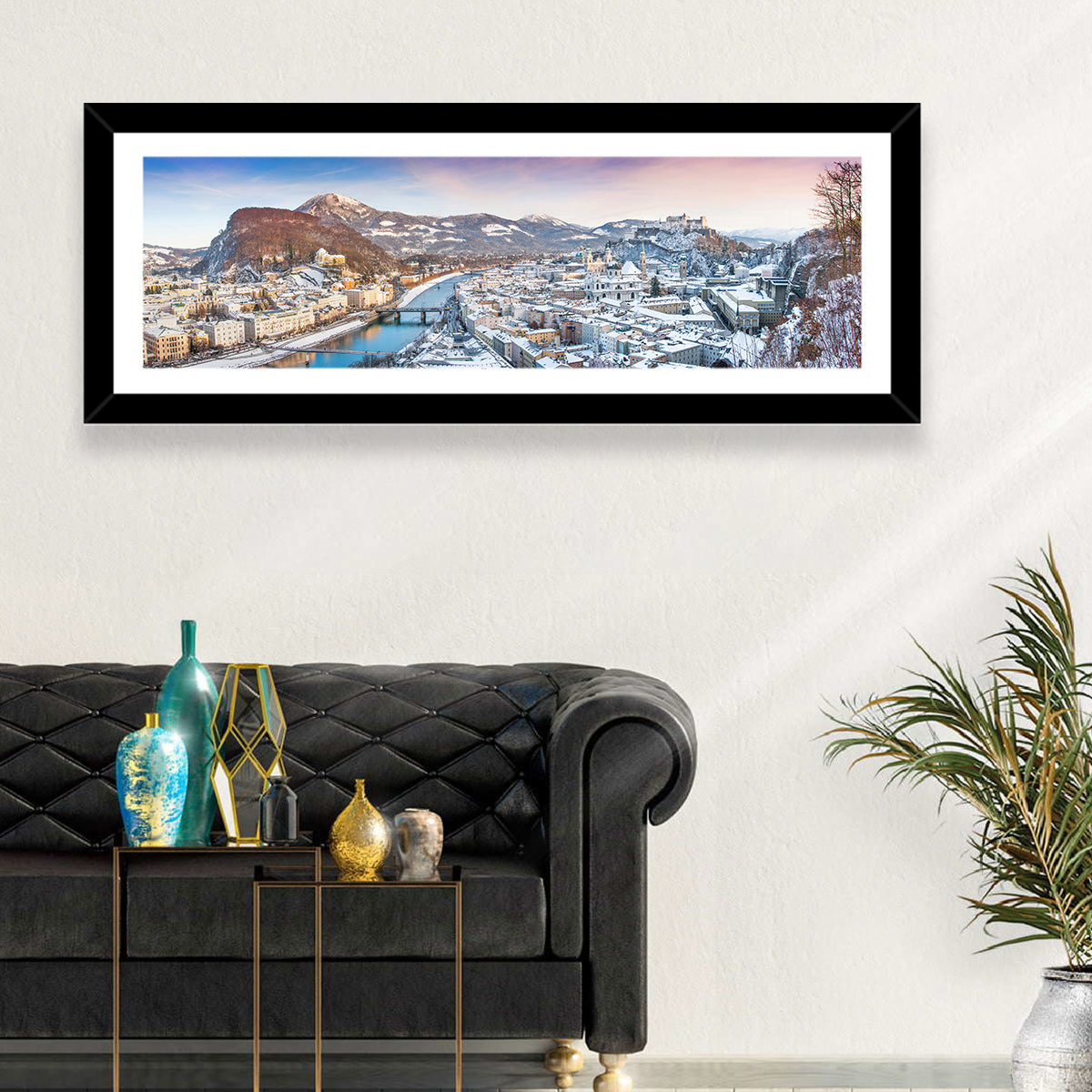 Salzburg Winter Skyline Wall Art in a room, panoramic
