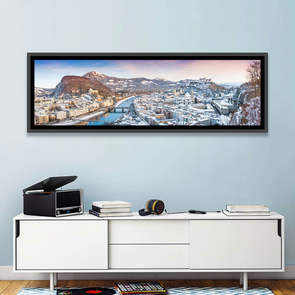 Salzburg Winter Skyline Wall Art in a room, panoramic
