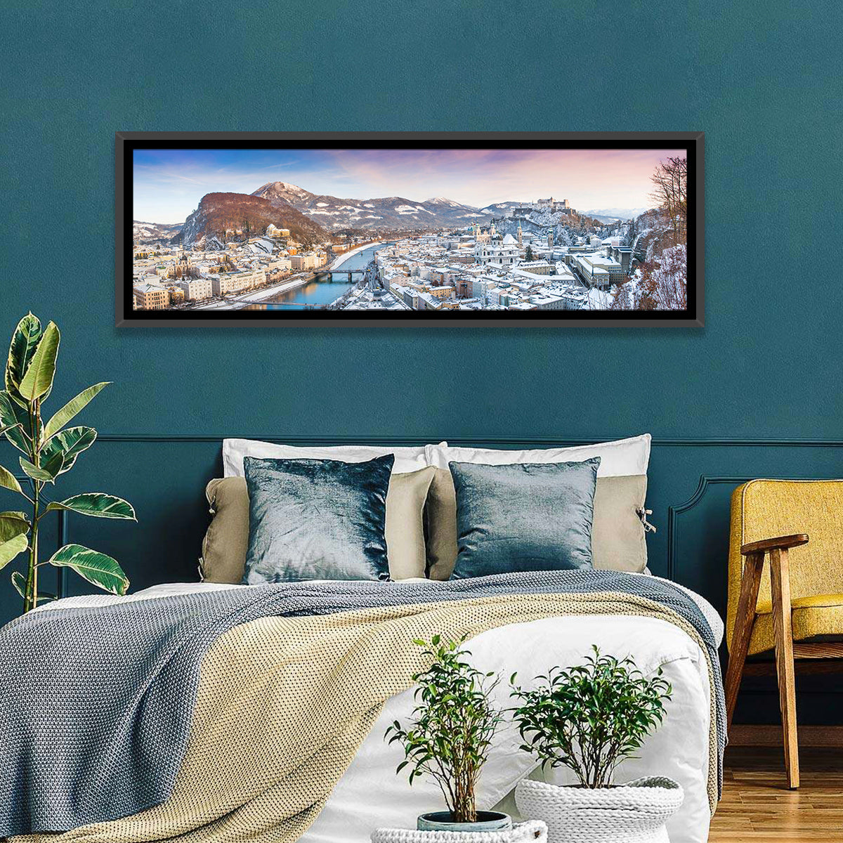 Salzburg Winter Skyline Wall Art in a room, panoramic