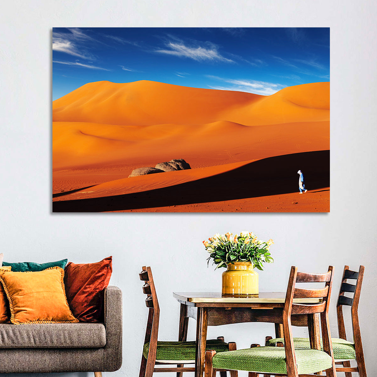 Solitary Figure on Sahara Dunes Wall Art in a room, landscape