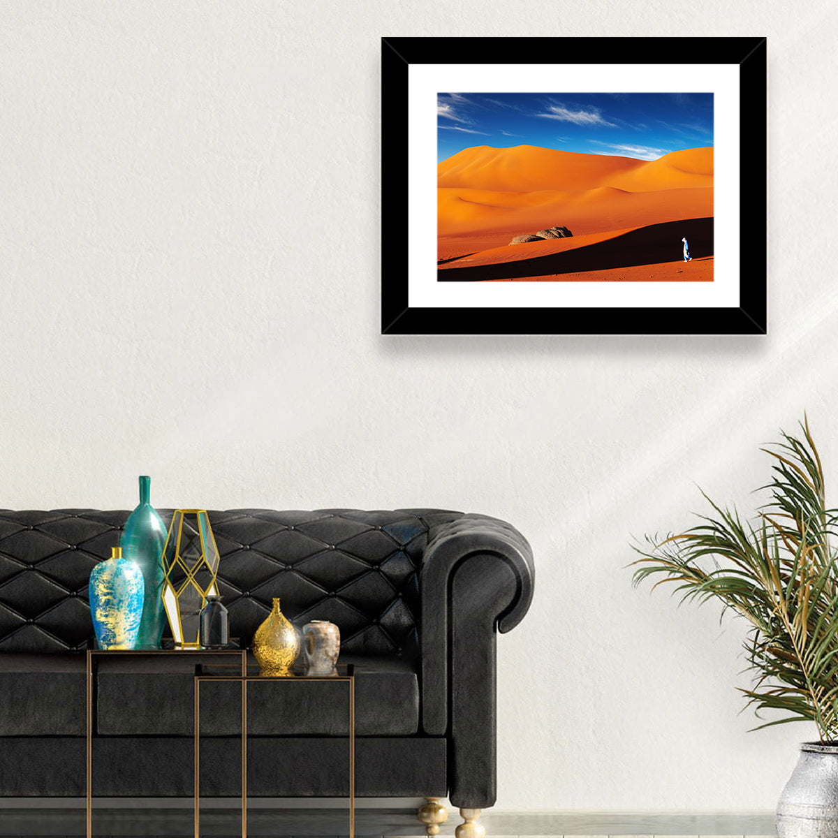 Solitary Figure on Sahara Dunes Wall Art in a room, landscape