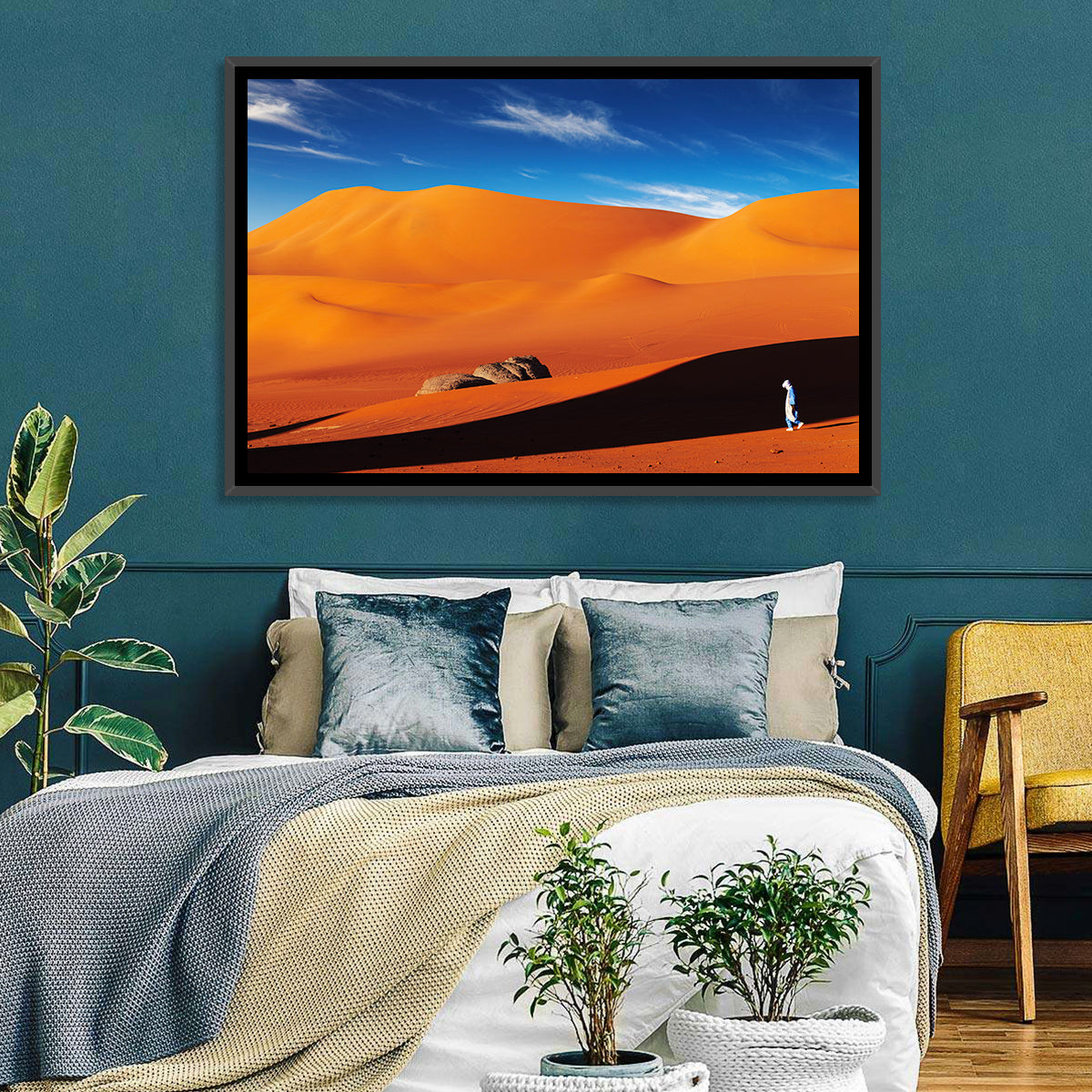 Solitary Figure on Sahara Dunes Wall Art in a room, landscape