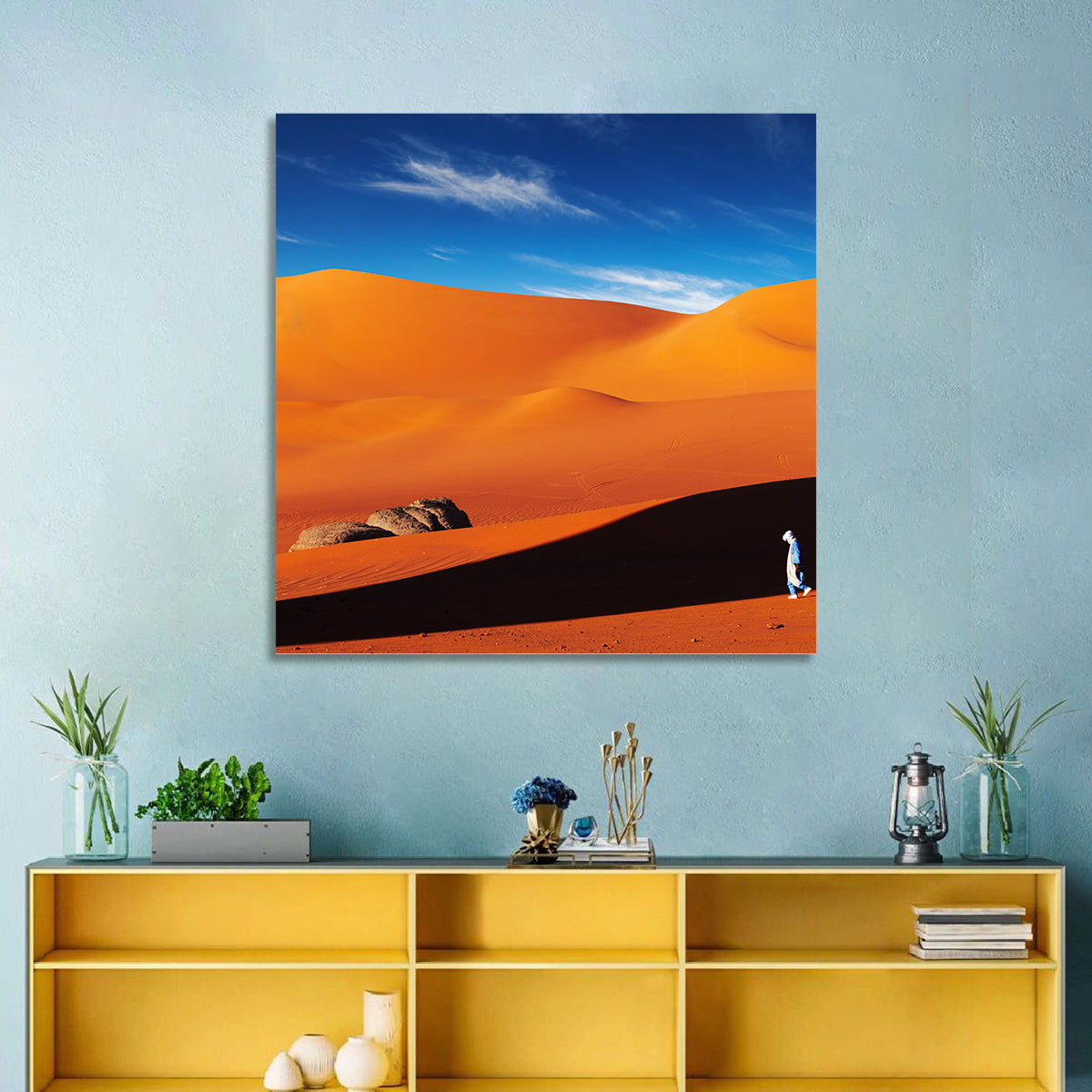 Solitary Figure on Sahara Dunes Wall Art in a room, landscape