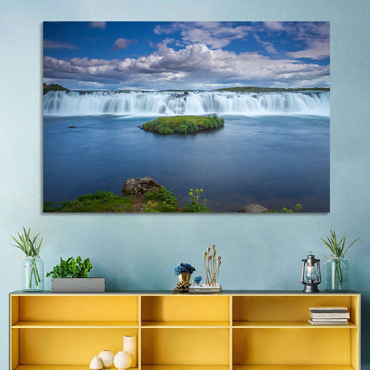 Faxi Waterfall Long Exposure Wall Art in a room, landscape