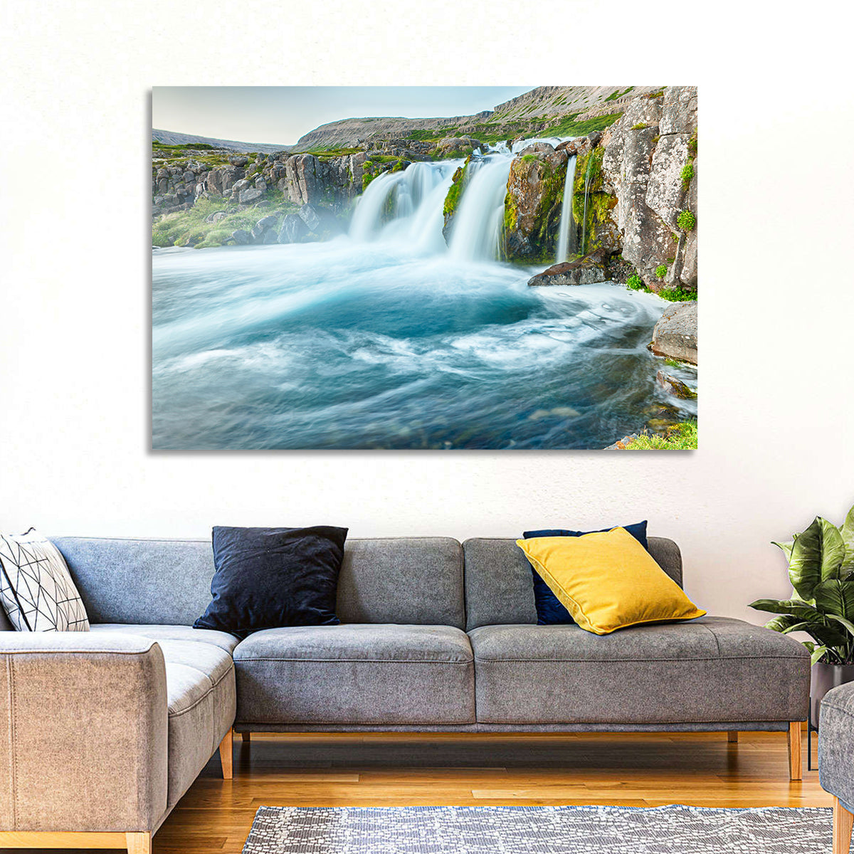Dynjandi Waterfall Mist and Moss Wall Art in a room, landscape