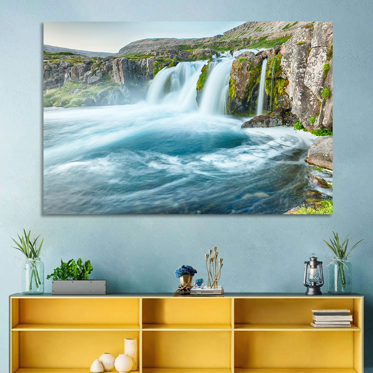 Dynjandi Waterfall Mist and Moss Wall Art in a room, landscape