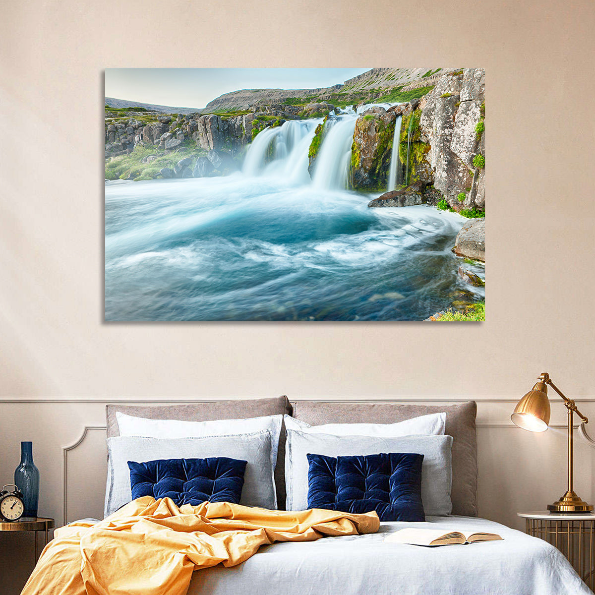 Dynjandi Waterfall Mist and Moss Wall Art in a room, landscape