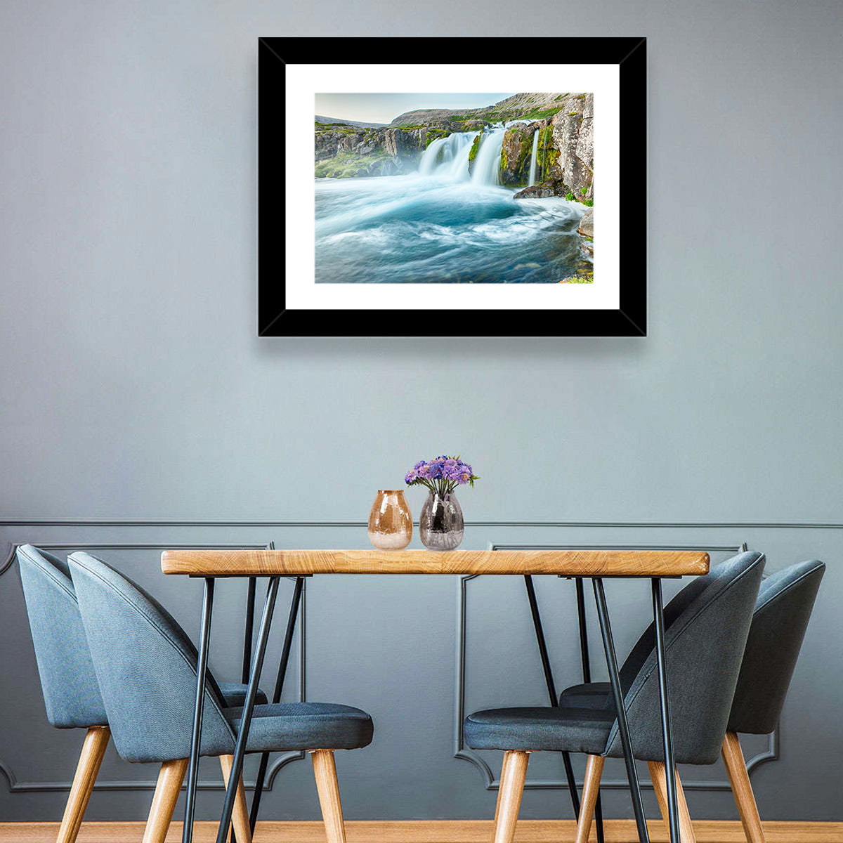 Dynjandi Waterfall Mist and Moss Wall Art in a room, landscape