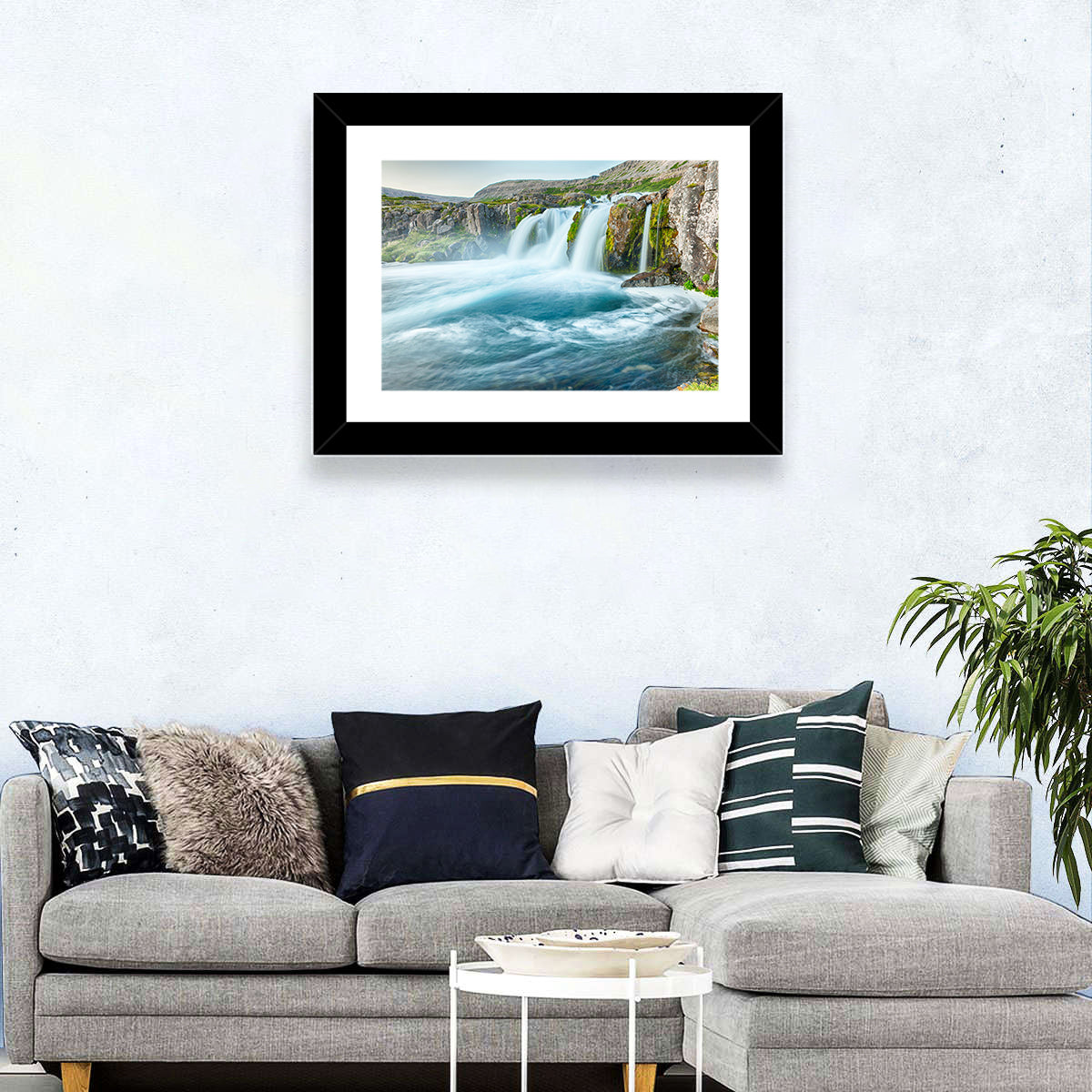 Dynjandi Waterfall Mist and Moss Wall Art in a room, landscape