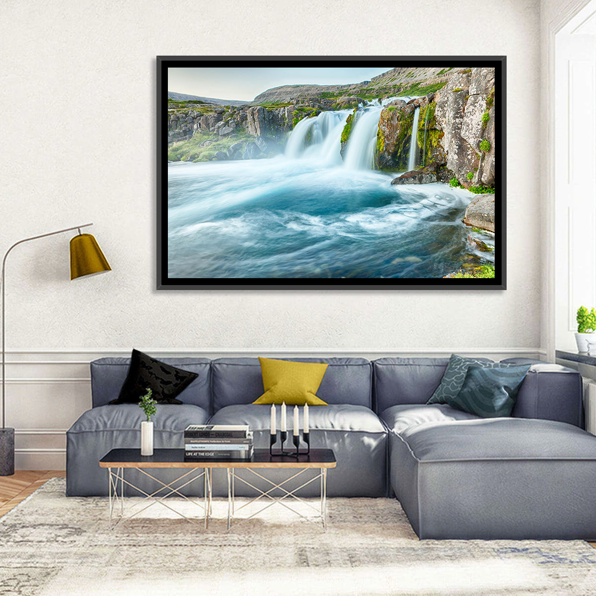 Dynjandi Waterfall Mist and Moss Wall Art in a room, landscape