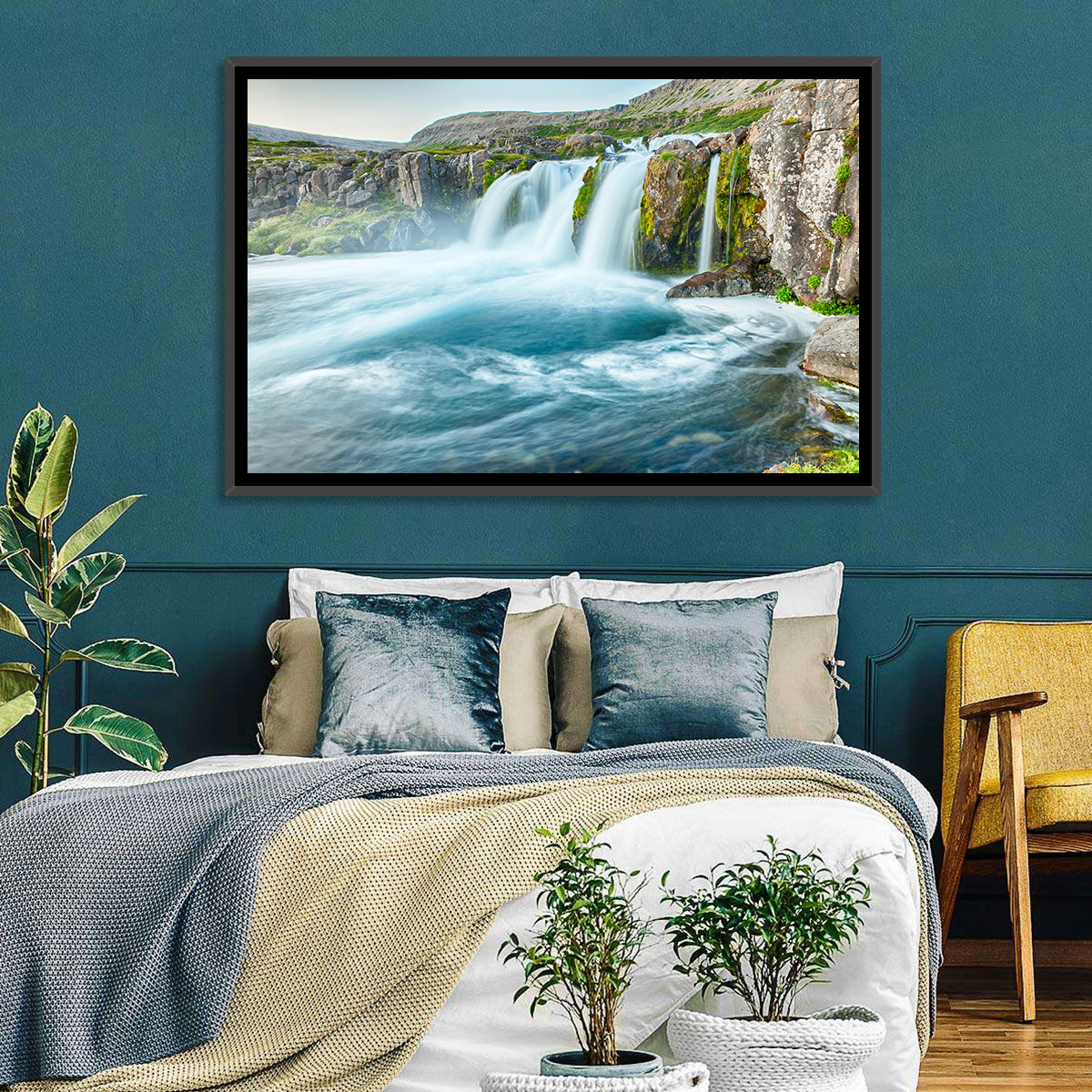 Dynjandi Waterfall Mist and Moss Wall Art in a room, landscape