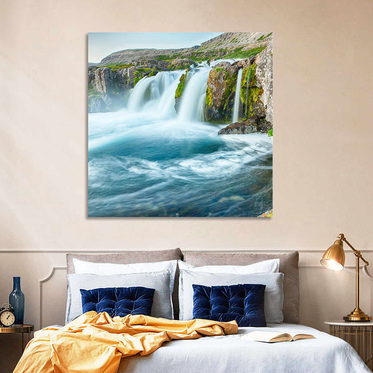 Dynjandi Waterfall Mist and Moss Wall Art in a room, landscape