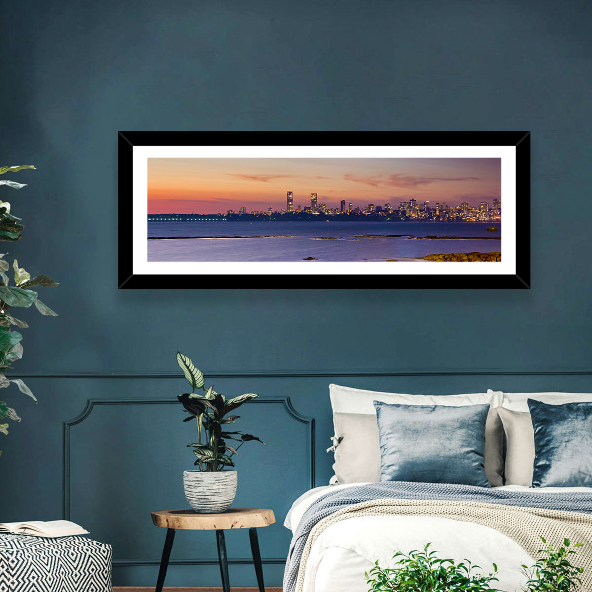 Mumbai Skyline at Dusk Wall Art in a room, panoramic