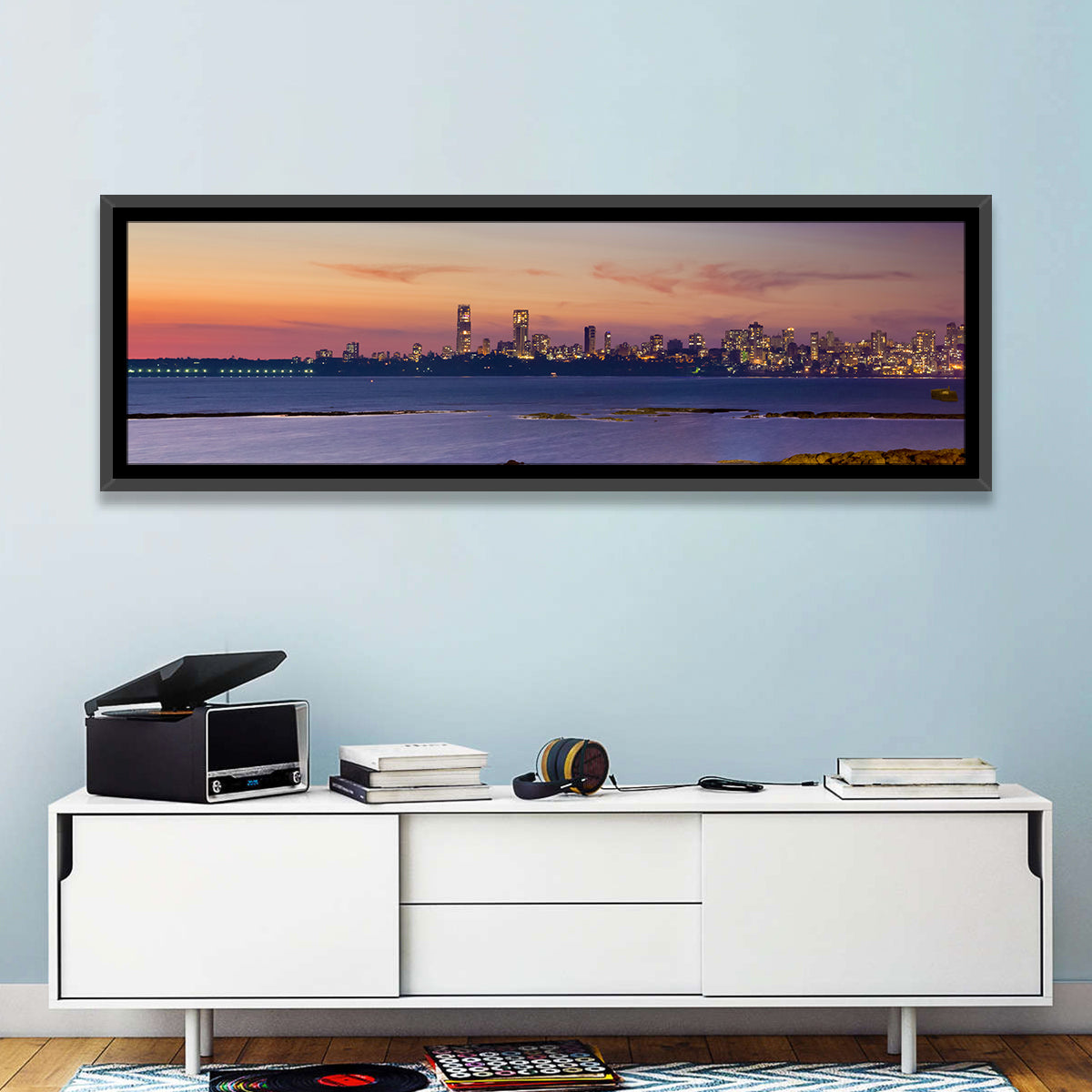 Mumbai Skyline at Dusk Wall Art in a room, panoramic
