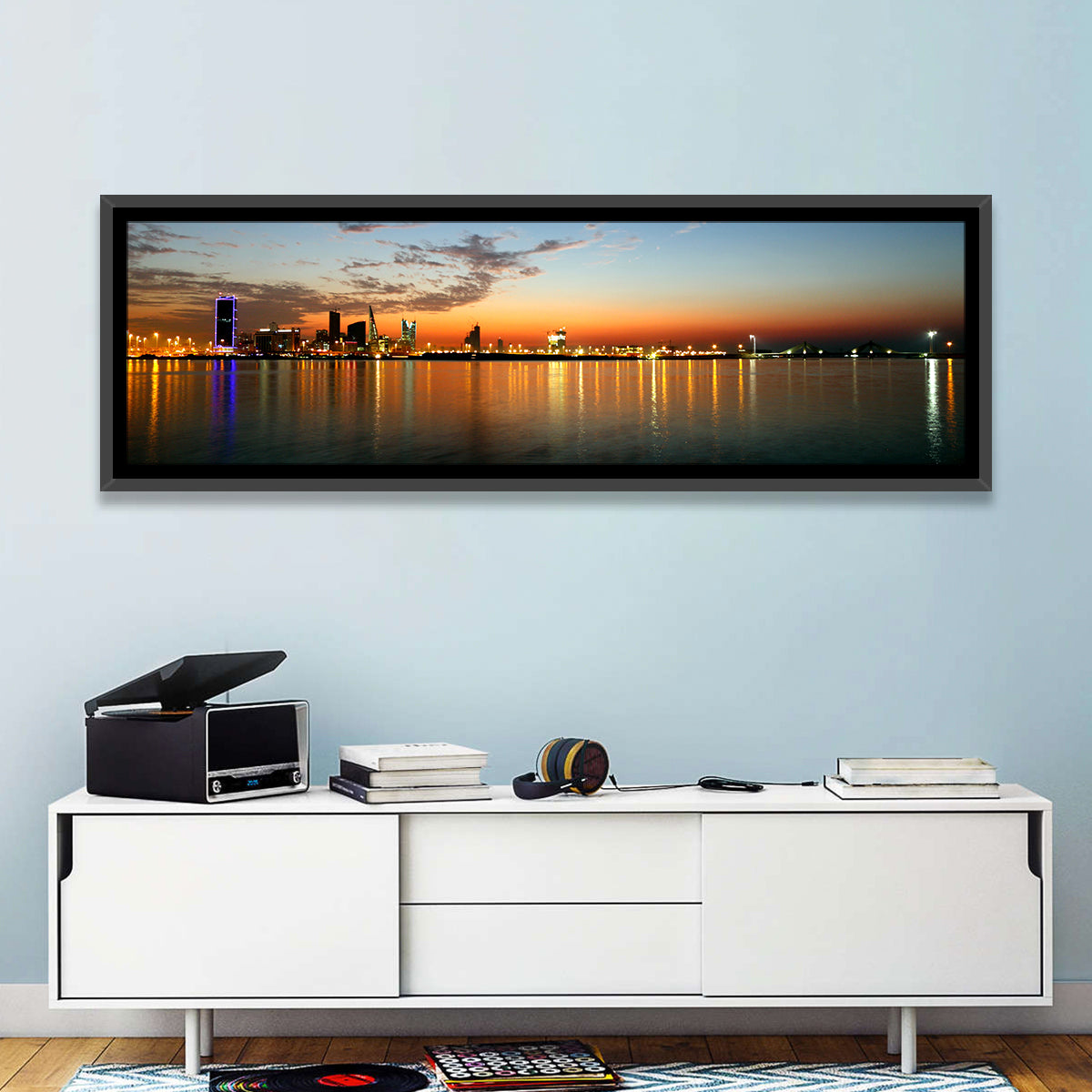 Manama Golden Hour Skyline Wall Art in a room, panoramic