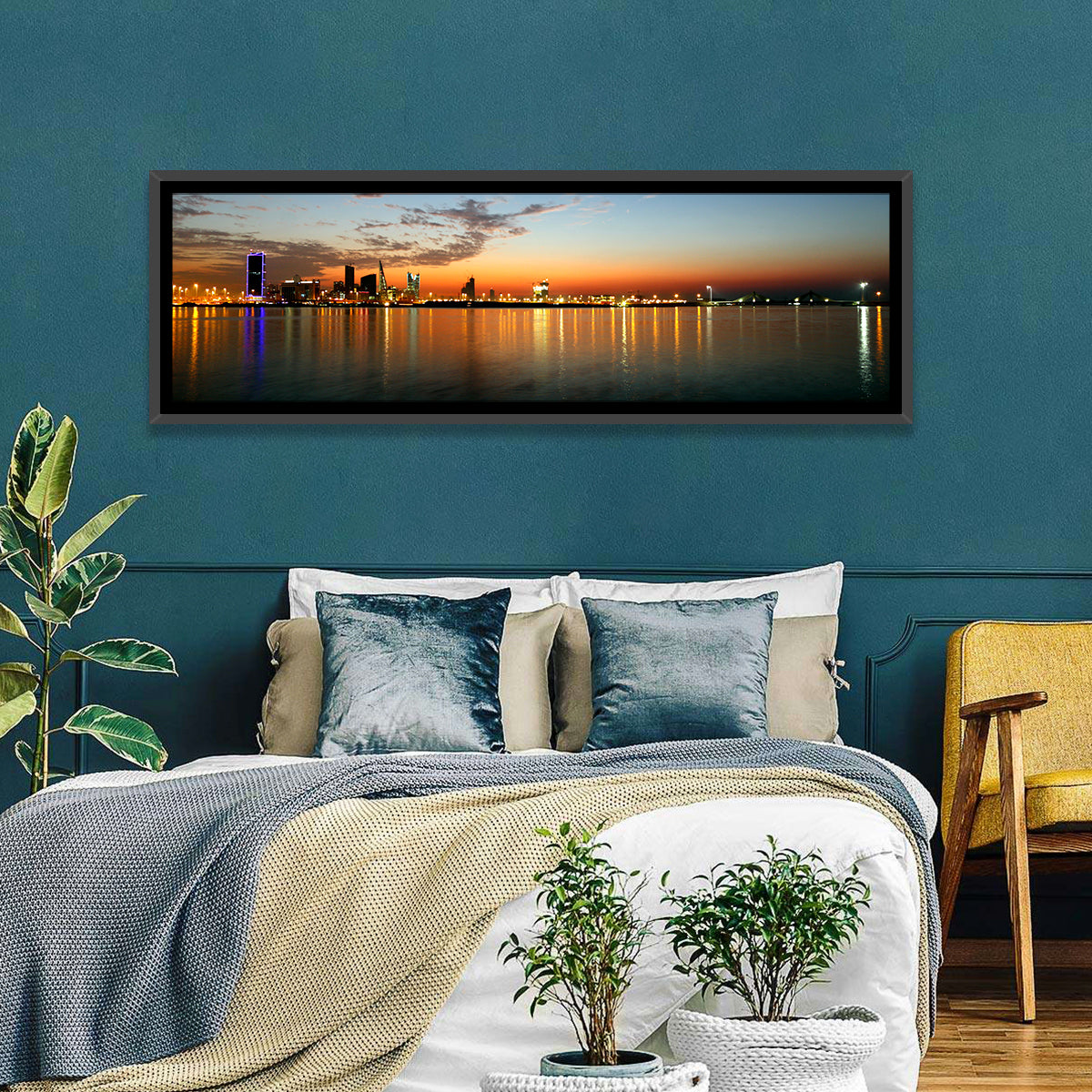 Manama Golden Hour Skyline Wall Art in a room, panoramic