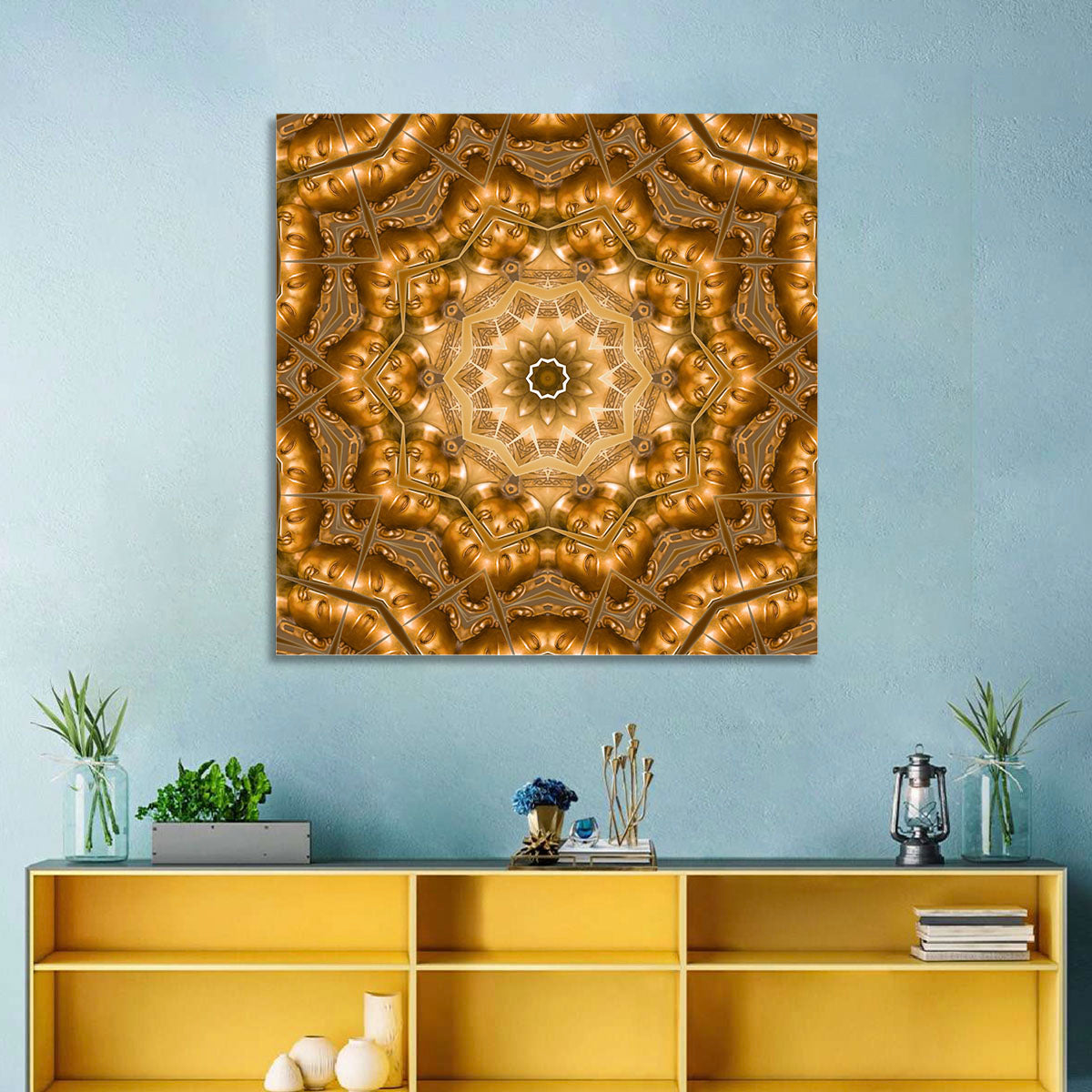 Golden Buddha Mandala Kaleidoscope Pattern Wall Art in a room, square