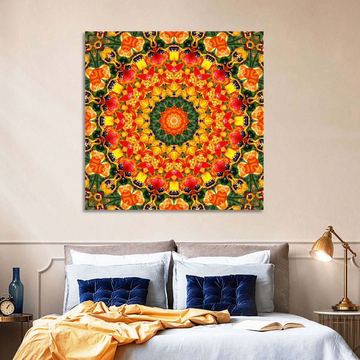 Floral Kaleidoscope Mandala Wall Art in a room, square