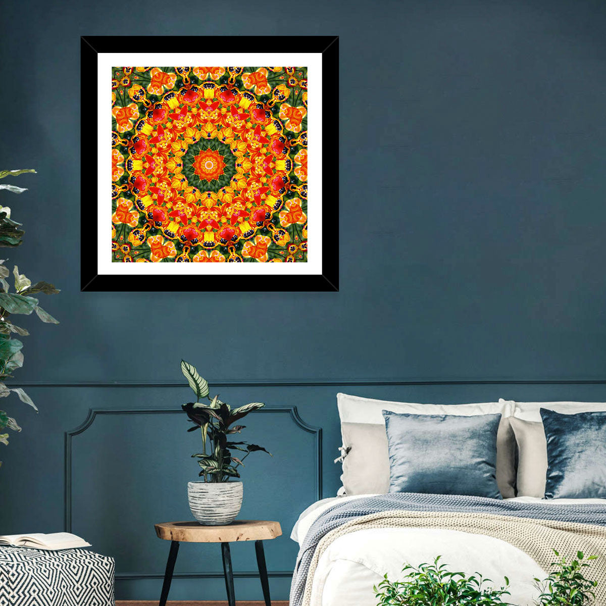 Floral Kaleidoscope Mandala Wall Art in a room, square