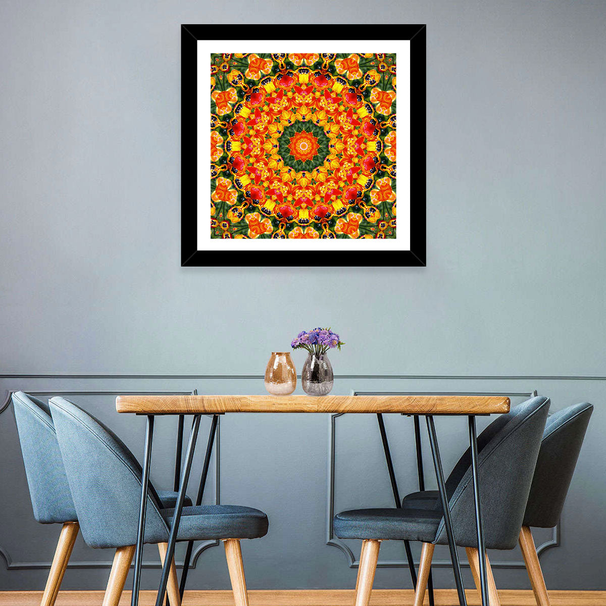Floral Kaleidoscope Mandala Wall Art in a room, square