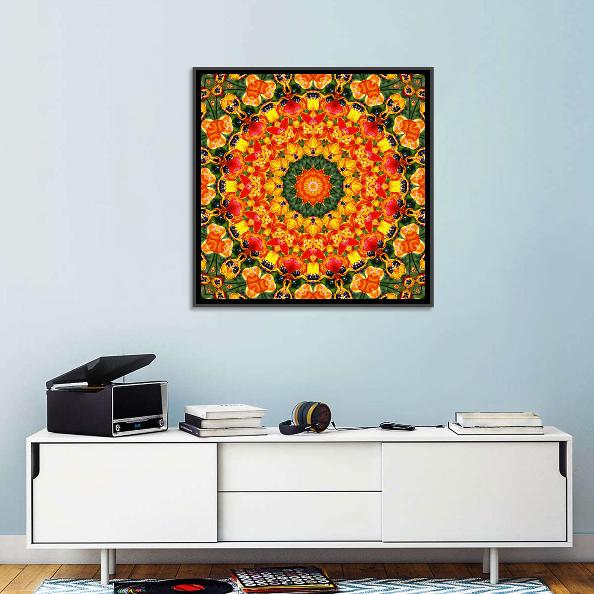 Floral Kaleidoscope Mandala Wall Art in a room, square