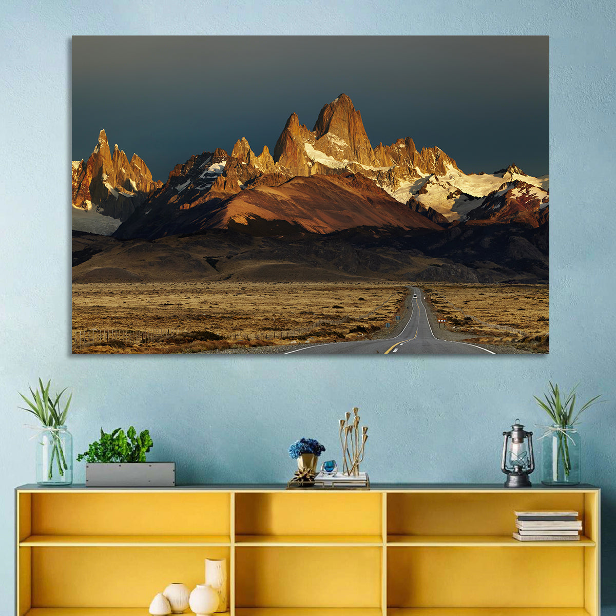 Mount Fitz Roy Sunrise Wall Art in a room, landscape