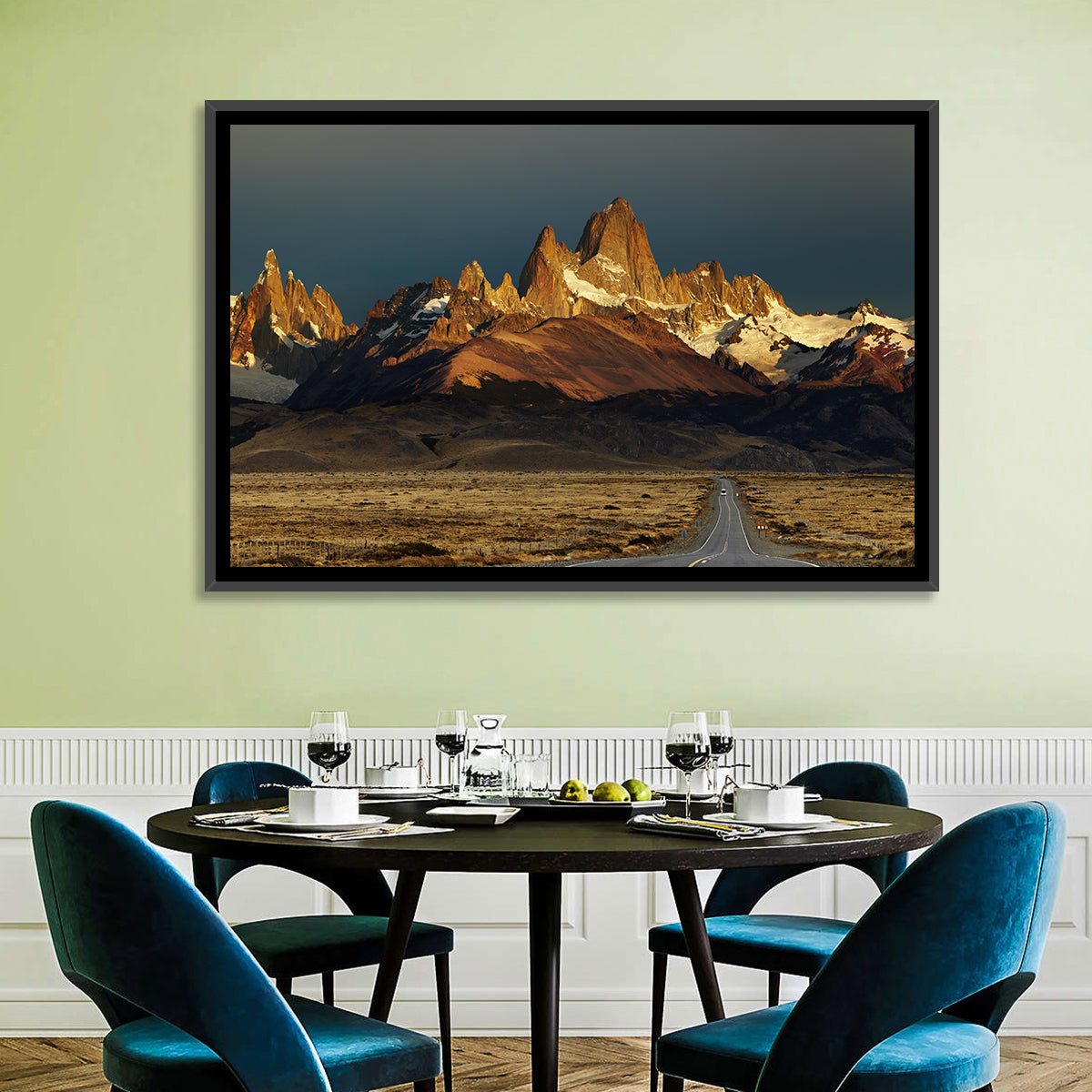 Mount Fitz Roy Sunrise Wall Art in a room, landscape