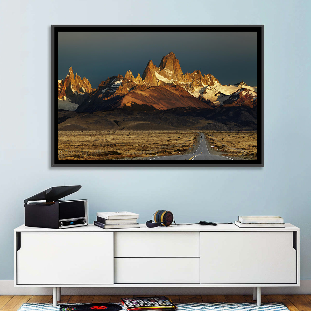 Mount Fitz Roy Sunrise Wall Art in a room, landscape