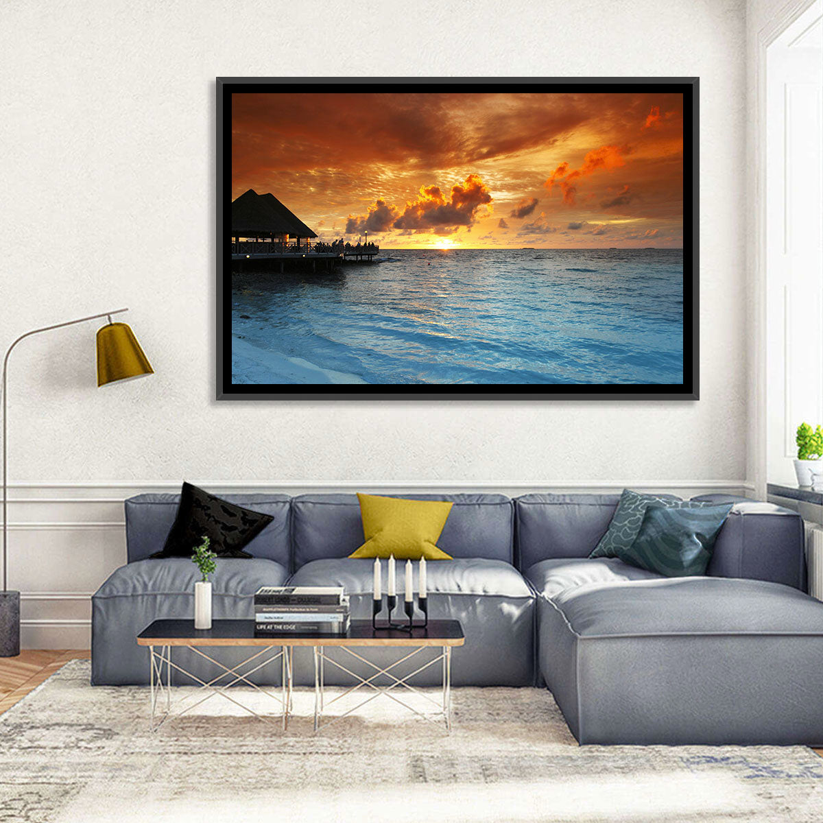 Overwater Bungalow Sunset Pier Wall Art in a room, landscape