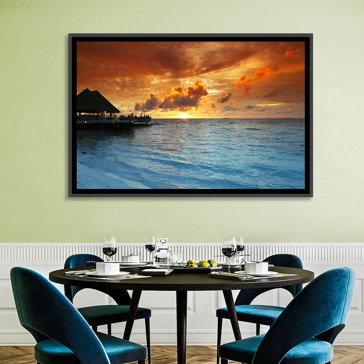 Overwater Bungalow Sunset Pier Wall Art