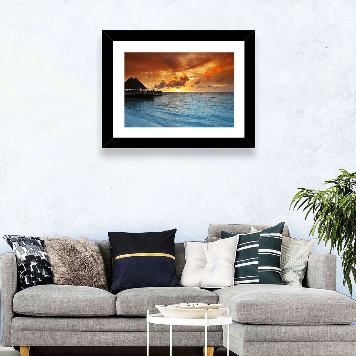Overwater Bungalow Sunset Pier Wall Art in a room, landscape