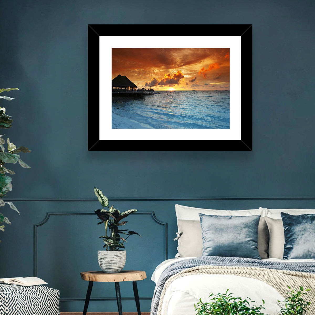 Overwater Bungalow Sunset Pier Wall Art in a room, landscape